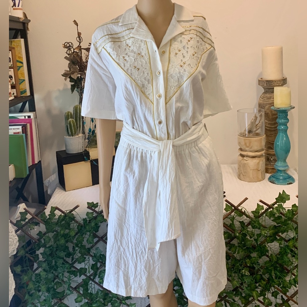 NWT |  90s Vintage Button Front Romper | White | L | Cotton | Gold Trim